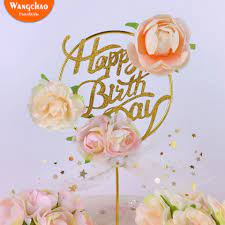 A beautiful wish to be happy. Round Iron Art Happy Birthday Cake Topper With Flower Organza Feather Cupcake Toppers For Party Women Birthday Favors Cake Decorating Supplies Aliexpress