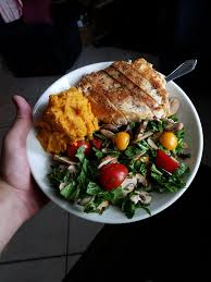 Homemade Simple Lunch Sweet Potato Puree Chicken Breast Spinach Salad W Baby Bellas Campari Tomatoes And Golden Berries R Food