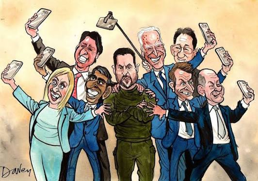 The Sunday @telegraph published a cartoon of Zelensky at the G7 Summit