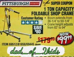 This shop crane and engine hoist delivers the lifting ability you need with the combined advantage of compact storage. Coupon Harbor Freight One Ton Capacity Foldable Shop Crane By Pittsburgh 4 97 Picclick