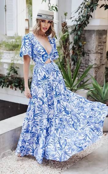 Find Me On A Yacht Blue Floral Print Puffy Sleeves Open Back Summer Maxi Holiday Dress | HOUSE OF MAGUIE | SilkFred