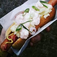 Swedish Style Hot Dog Tunnbrodrulle With Mashed Potato And Prawn Salad Food Around The World Food Wine Recipes