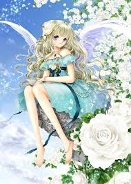 Air, angel, anime, blondes, blue, clouds, dress, eyes, feathers, games, girls, hair, kamio. Garden Angel With Long Wavy Blond Hair Blue Eyes White Feather Wings Turquoise Dress By Manga Artist Shiitake Anime Anime Art Girl Manga Artist