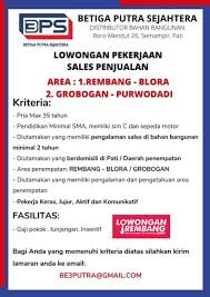 Check spelling or type a new query. Lowongan Kerja Sales Penjualan Betiga Putra Sejahtera Rembang Blora Grobogan Purwodadi Lowongan Rembang
