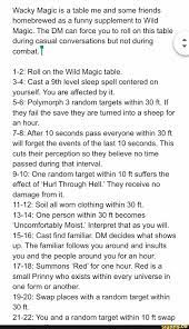wacky magic is a table me and some friends homebrewed as a funny supplement to wild magic the dm can force you to roll on this table during casual conversation dnd