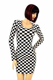 Black And White Checkered Bodycon Dress Uv Glow Black White Checkered Winners Flag Print Spandex Bodycon Clubwear Long Sleeve Mini Dress 150265 Long Sleeve Mini Dress Mini Dress Dresses