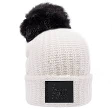 White Pom Beanie Black Leather Patch Leather Patches Pom Beanie Beanie