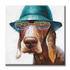 Seven Wall Arts 100 Hand Painted Oil Painting Animal Cute Dog Wears Colorful Glasses With Stretched Frame 32 X Animal Paintings Oil Painting Online Painting