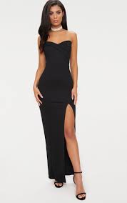 Black Bandeau Folded Detail Extreme Split Maxi Dress Split Maxi Dress Bandeau Maxi Dress Girls Maxi Dresses