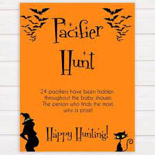 Halloween Pacifier Hunt Game Printable Baby Shower Games Etsy Halloween Baby Shower Halloween Baby Shower Theme Baby Shower Pumpkin