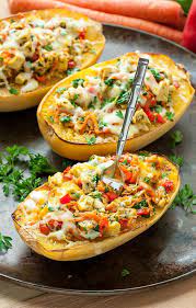 Cheesy Pesto Chicken And Veggie Stuffed Spaghetti Squash Recipe Healthy Dinner Recipes Easy Recipes Food