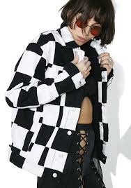 Black And White Checkered Denim Jacket American Vintage Checkered Denim Jacket Streetwear Women Outerwear Women Streetwear Fashion Women