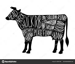 meat cuts chart for butcher shop with black cow vector