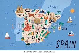 Barcelona is one of the most famous ancient cities in the world. Map Of Spain With Touristic Landmarks Or Sights And National Symbols Cathedrals Flamenco Dancer Bull Sangria Paella Canstock