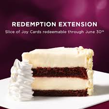 Give the gift of cheesecake when you purchase a gift card for the cheesecake factory! The Cheesecake Factory On Twitter We Could All Use Some Good News This Week Slice Of Joy Cards Can Now Be Redeemed Through 6 30