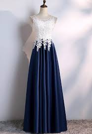 Navy Blue Satin With White Lace Top Floor Length Party Dresses Prom Dresses Beautiful Wedding Party Dresses White Lace Top Prom Dresses White Lace