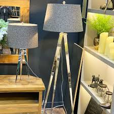 Excludes orders to scotland and ireland. Silver Chrome Contemporary Tripod Floor Lamp With A Grey Shade 160cm