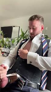 Office Suited Wank with Nipple Play: Gay Uniform Porn