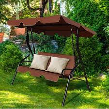 The seats of the outdoor swing are curved for a comfortable seating angle complete with armrests on. Tangkula 3 Seater Canopy Swing Glider Hammock Garden Backyard Porch Cushioned Steel Frame Swing Coffee Patio Furniture Accessories Patio Lawn Garden Rapidinfrastruktur Com