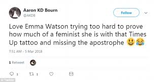 And at the vanity fair oscars party on sunday night, she spelled out this mission with a brand new time's up tattoo. Oscars Emma Watson Debuts Huge New Time S Up Tattoo Daily Mail Online