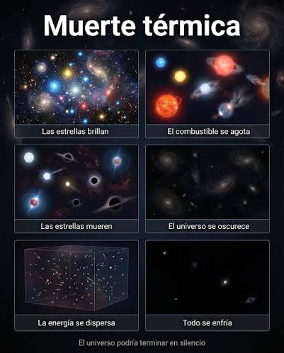 CÓMO PODRÍA TERMINAR EL UNIVERSO? La muerte térmica ocurre cuando el  universo alcanza máxima entropía. En ese estado, no existen gradientes de  energía que permitan procesos físicos complejos. La segunda ley de