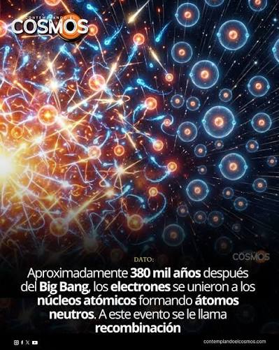 Contemplando - La recombinación ocurrió aproximadamente 380 mil años  después del Big Bang, cuando el universo se expandió y enfrió lo suficiente  para que los electrones se unieran a protones y núcleos