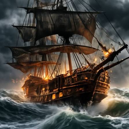Пиратский корабль в море, шторм, волны, рваные паруса, мрачная атмосфера» —  картинка создана в Шедевруме