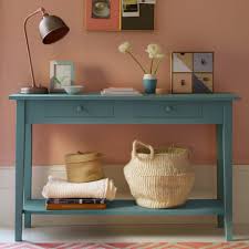 Coral Blush Pink Hallway With Blue Console Table Ideal Home Hallway Colours Hallway Colour Schemes Blue Console Table