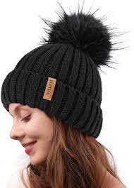 Womens Knitted Winter Pom Beanie Hat Faux Fur Pom Pom Bobble Hat Beanie For Girls One Size Wine Red At Amazon Wom Fur Pom Pom Winter Knits Womens Winter Knits