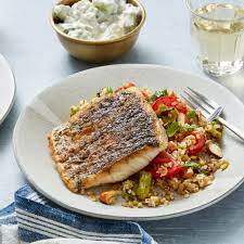Barramundi Tzatziki Sauce With Summer Vegetable Freekeh Salad Recipe Tzatziki Sauce Tzatziki Freekeh