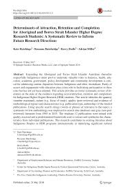 Pdf Determinants Of Attraction Retention And Completion For Aboriginal And Torres Strait Islander Higher Degree Research Students A Systematic Review To Inform Future Research Directions
