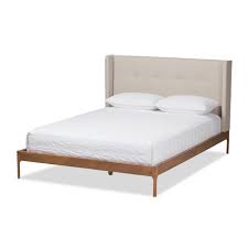 Modern faux leather upholstered platform bed: Brooklyn Mid Century Modern Walnut Wood Fabric Upholstered Platform Bed Baxton Studio Target