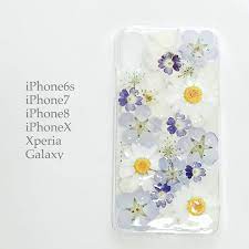 爽やかブルー ネモフィラ ホワイトフラワー 押し花スマホケース 押し花 iphone ケースカバー iphoneケース 押し花
