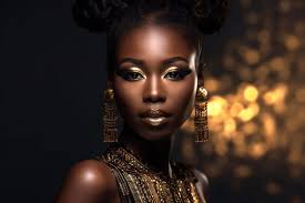 Beauty portrait of a black woman with traditional outfit. Composite with  different elements made with generative AI Stock Illustration