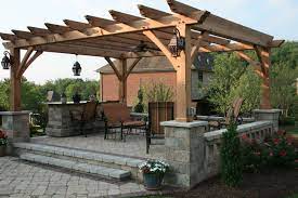 Wood Pergola And Stone Modern Pergola Pergola Patio Pergola Plans