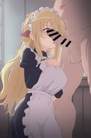 sincos, yifa, saikyou onmyouji no isekai tenseiki, highres, 1boy, 1girl,  apron, bar censor, blonde hair, breasts, brown eyes, censored, clothed  female nude male, erection, fellatio, hand on anothers head, hetero,  large breasts,