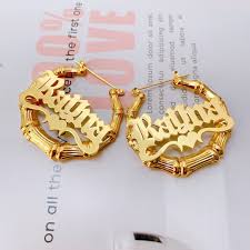 Bamboo Hoop Earrings With Heart Ribbon Custom Sexy Circle Name Hoops Emerlax