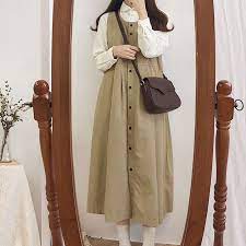 コーデュロイノースリーブレトロシングルブレストaライン無地カジュアルワンピース dkgirl公式サイト pakaian fashion gaya busana gaya model pakaian