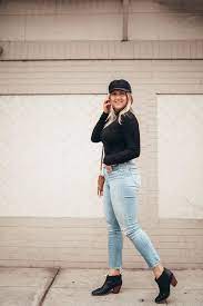 Seasonal Basics Via Thea Austin Texas Lifestyle Blog Light Wash Ripped Jeans Black Turtleneck Fiddler Hat