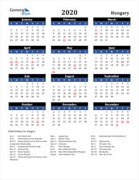 2020 Calendar Hungary With Holidays
