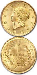 Hair pulled back in a bun. 1849 54 One Dollar Liberty Head Type 1 Coinsite