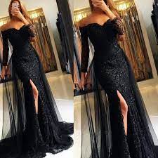 Detachable Train Black Evening Dresses Long Sleeve V Neck Lace Applique Beaded Elegant Modest Evening Gown Formal Dress Prom Dresses Long With Sleeves Formal Prom Dresses Long Long Black Evening Dress