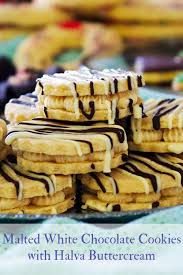 Malted White Chocolate Cookies With Halva Buttercream Milk Powder Recipe Milk Dessert Chocolate Sandwich Cookies