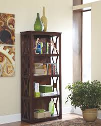 Ashley Furniture Signature Design Devrik Bookcase 4 Shelves Curved Side Crossbars Contemporary Brown Contemporary Bookcase Ashley Furniture Brown Bookcase