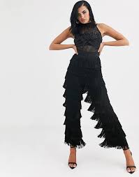 Opulence England Premium Party Sheer Sequin Fringe Jumpsuit In Black Asos