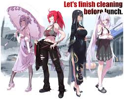 fune (fune93ojj), cinderella (nikke), indivilia (nikke), liberalio (nikke),  nihilister (nikke), goddess of victory: nikke, highres, 4girls, alternate  costume, alternate hairstyle, black hair, crop top, denim, dress, full  body, heretics (nikke), jeans ...
