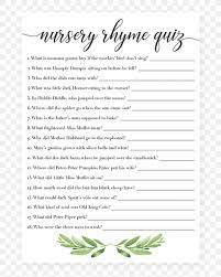 Read on for some hilarious trivia questions that will make your brain and your funny bone work overtime. Quiz Nursery Rhyme Trivia Game Png 819x1024px Quiz Area Baby Shower Game Green Download Free