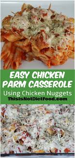 Tasty Chicken Parm Casserole Made With Chicken Nuggets Chicken Nugget Recipes Chicken Nuggets Baked Chicken Nuggets