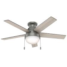 Hunter Fan 59270 Anslee 46 Inch Matte Silver With Light Gray Oak Greyed Walnut Blades Ceiling Fan Low Profile Silver Ceiling Fan Fan Light Ceiling Fan With Light