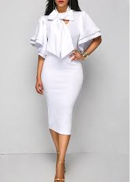 Tie Neck White Flare Sleeve Sheath Dress2 In 2020 White Sheath Dress Fashion Fashion Dresses Online